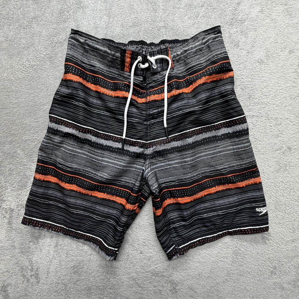 Speedo Shorts Mens Medium Black Striped Swim Trunks Drawstring Lined Quick Dry